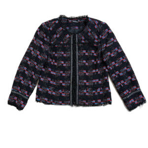 Trina Turk Womens Good Night Tweed Fringe Chain Jacket Black Red Blue Sz 10